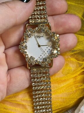 Vintage Lafayette Gold Tone Rhinestone Statement Bracelet Watch